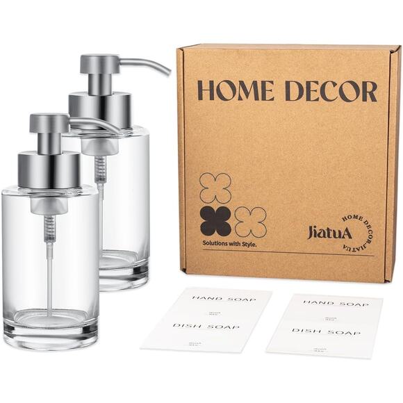 Glass Soap Dispenser Set 12oz with Stainless Steel Pump, Waterproof Labels - Picture 1 of 13